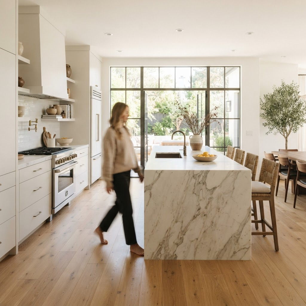 Bright modern kitchen with freshly finished warm oak hardwood floors